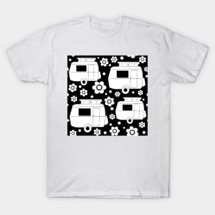 Daisy Polka Dot Vintage Caravan Pattern in Black and White T-Shirt